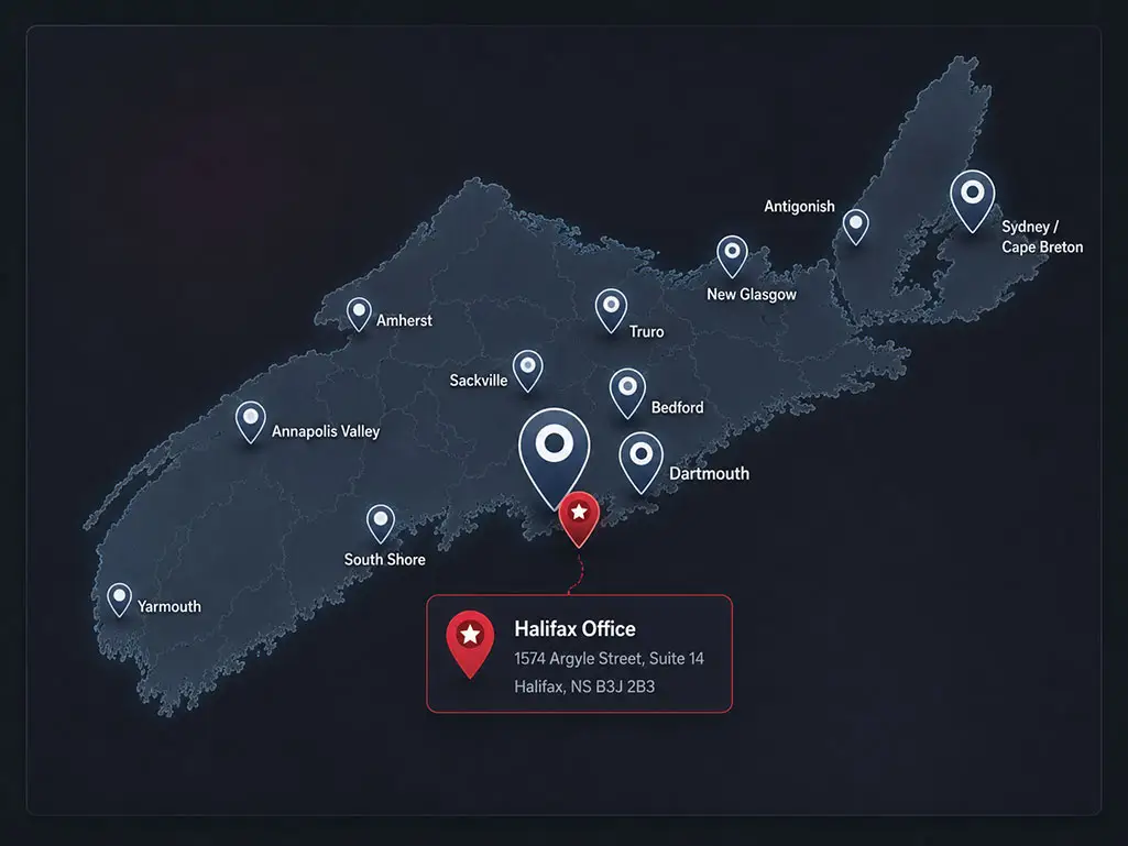Map of First Defence Security coverage across Nova Scotia with head office at 1574 Argyle Street in Halifax